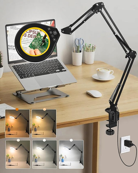 10X & 5X Magnifying Glass with Light, Ultra Long Swing Arm, 5 Colors & 10 Brightness, Real Glass Lens Large Magnifying Lamp for Craft Painting Workbench Jewelry Making Hobby Close Work (Yellow)