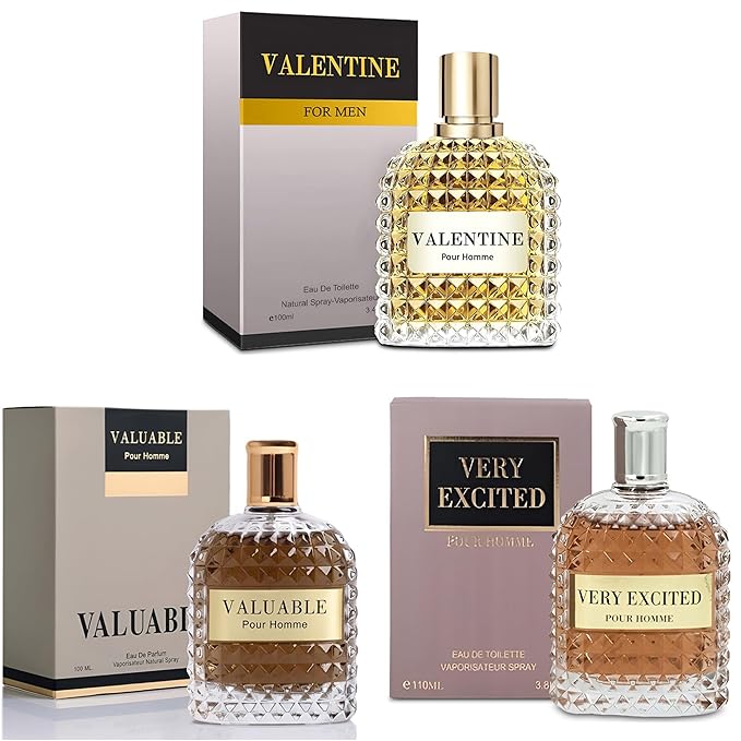 3Pack Men Colognes Combo Set Valent,Valuable,Very Excited 3.4 Fl Oz Each Eau De Parfume Spray with Woody Floral & Fruity Scent Perfume Gift Set Day to Night Use Fragrances