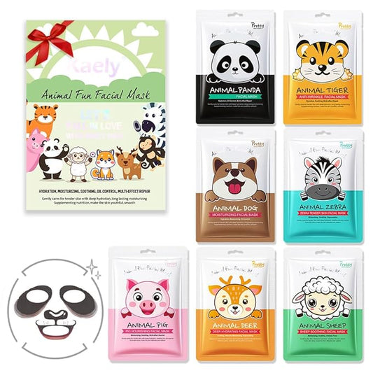 Kaely 7 Pack Kids Face Mask Spa, Animal Face Masks for Kids Teens Women Skincare, Animal Character Sheet Facial Mask for All Skin Types, Girls Night Party Skin Care Set, Birthday Christmas Gifts, 01B
