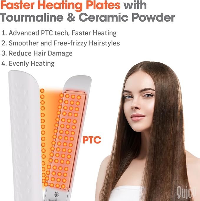 Quico Hair Straightener, 110-240V Global Travel Hair Straighteners for Women, 15s Fast Heating, Professional Negative Ion Flat Iron, Temp Memory, 320℉-450℉, Auto-Off, with Glove and Clips, Gift, White