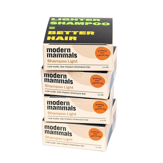 Modern Mammals Light Shampoo Bar - Gentler Wash for Better Hair, Minimalist Hair Care, Low Lather, Sensitive Scalps, No Poo, Vegan, Natural Ingredients, Fragrance-Free (4 Pack x 2.4oz Bars)
