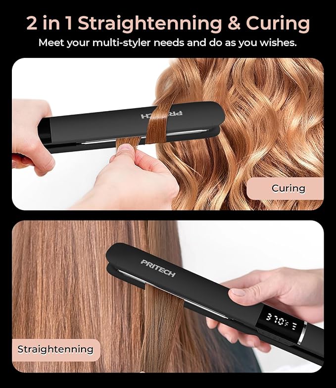 PRITECH Flat Iron Hair Straightener, Titanium Flat Iron with Adjustable Temp(290°F-450°F), 1 inch Plate for All Hairstyles Anti-Scald Dual Voltage Straightening and Curler 2 in 1 (Black)