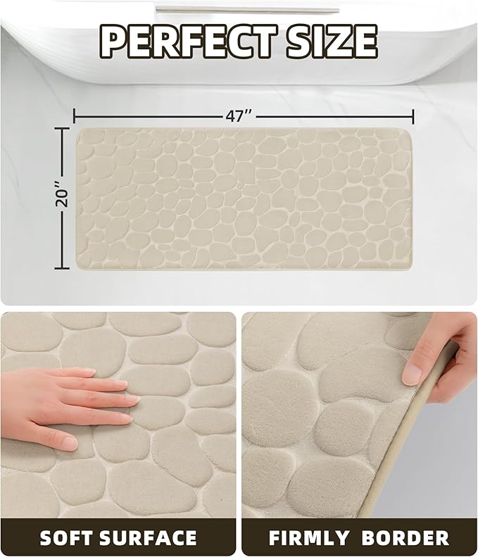 YIHOUSE Memory Foam Runner Rug, Cobblestone Bathroom Runner Rugs Super Water Absorbent Bath Mats for Bathroom Machine Washable Bath Rugs for Hallway Bedroom Laundry Room(20 x 47,Khaki)