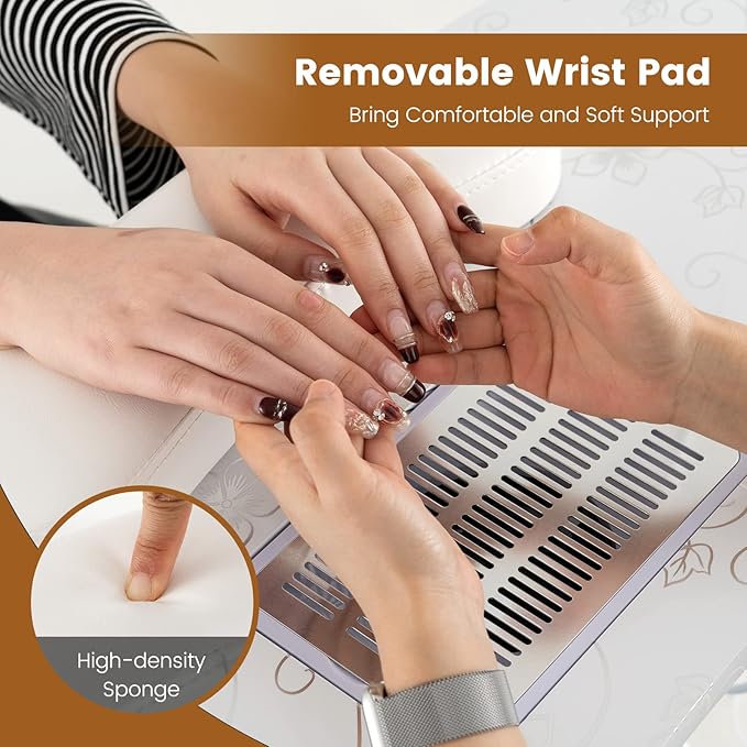 Giantex Nail Table for Nail Tech, Portable Manicure Table with Electric Dust Collector, USB-Plug LED Lamp, Wrist Rest, 4 Lockable Wheels, Foldable Nail Desk with Carry Bag (White)