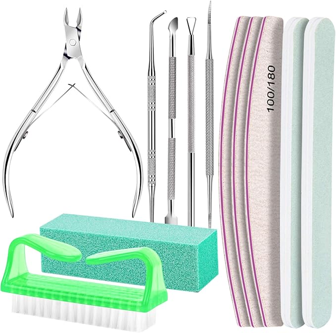 FANDAMEI Nail Tools, Nail Care Kit, Nail Files 100/180, Nail Buffer Block, Cuticle Nippers, Cuticle Pusher, Cuticle Peeler, Nail Lifter for Ingrown Toenails, Toenail File, Manicure Kit, Green