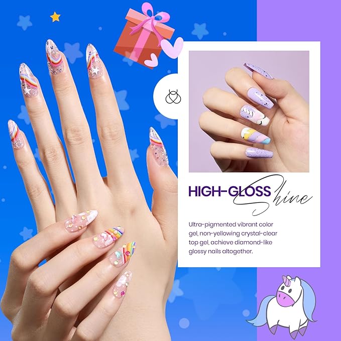 Beetles Christmas Gel Nail Polish Set, 24 Pcs Purple Blue Hot Red Gel Nail Polish Green Glitter Gel Polish Unicorn Collection Soak off UV with Glossy & Matte Top Base Gift for Women