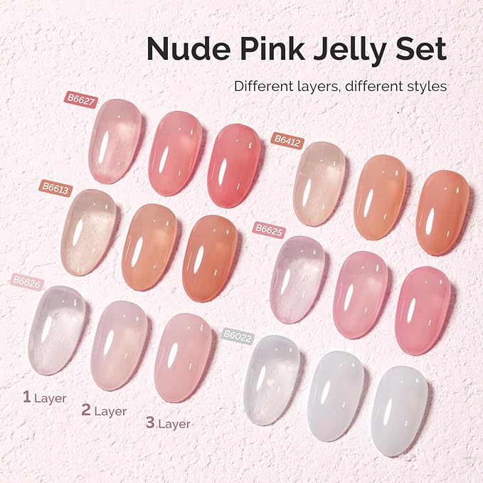 MelodySusie Jelly Gel Nail Polish Set,6 Transparent Colors,Milky or Jelly Texture,Classic Basic Colors Soak Off UV LED Light Cure or Salon Manicure and Nail Art DIY at Home