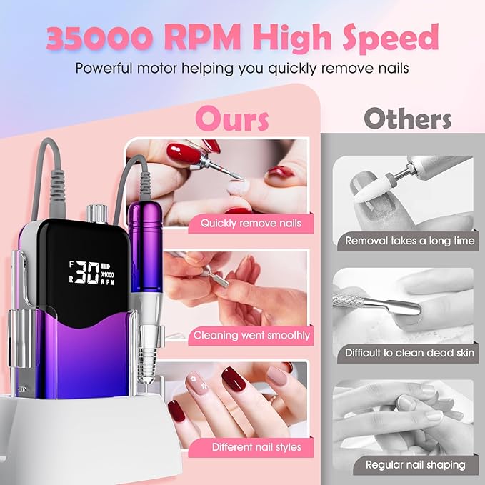CIVPOWER Nail Drill Professional: 35000RPM Electric Nail File - Portable Rechargeable LED Display Nail Tool Kit- Manicure Pedicure Salon Home DIY (Blue Purple)
