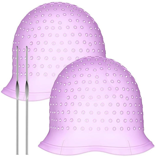 Jexine 2 Pcs Hair Coloring Highlighting Cap Reusable Silicone Highlight Cap with Holes and Hook for Hair Coloring, Frosting, Hairdressing & Highlighting, Salon Tools Kit (Purple)