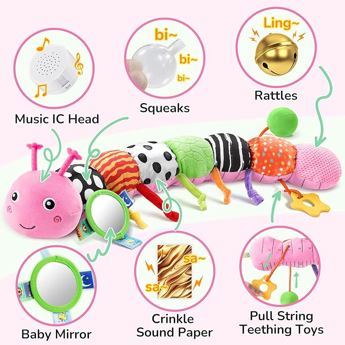Baby Toys 6-12 Months Music Caterpillar Infant Toys Stuffed Animals 0-3-6 Months Teething Tummy Time Sensory Toys with Mirror Rattle&Pull String for Boys Girls Birthday Gifts|Pink,Knot Limb
