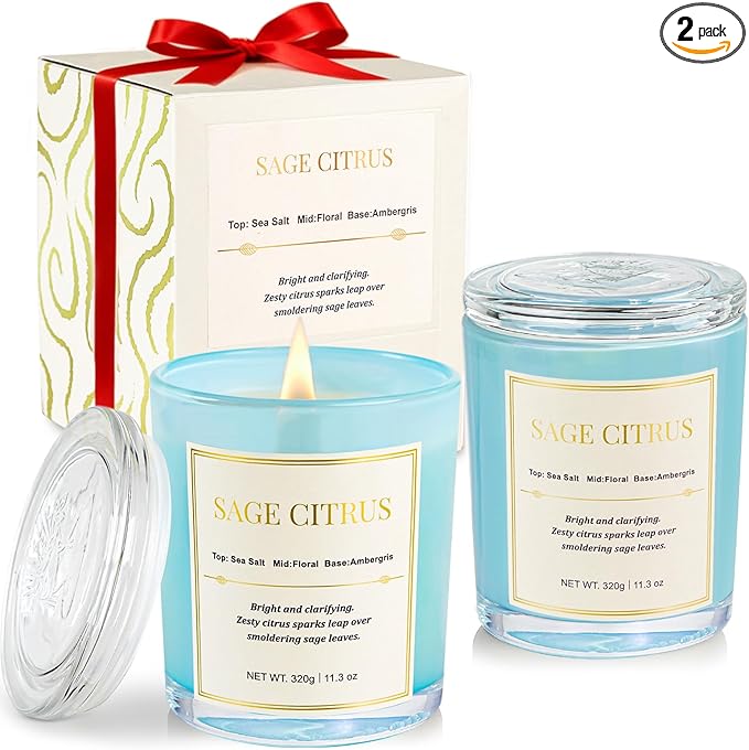 2 Pack Candles for Home Scented,Wood Wick Sage Citrus Scented Candle,22.6 oz 150 Hour Long Burning Lasting, Natural Soy Wax Candles Gifts Set,for Christmas Day