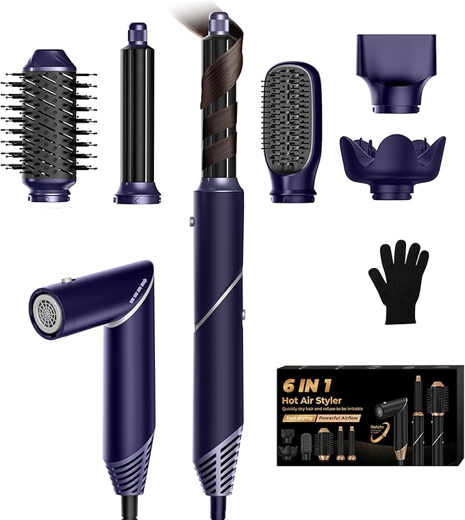 6 in 1 Hair Dryer Brush, Foldable Blow Dryer Brush with Air Styler Curler Wrap, Detachable Hot Air Brush Dry,Volumize, Straight,Curl, Negative Ion Brush Blow Dryer with Diffuser, Hair Styler Tools