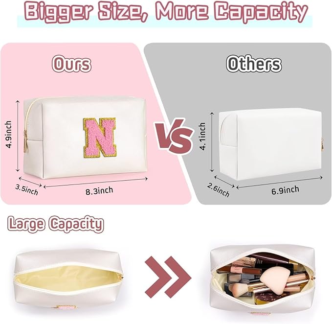 TOPEAST Initial Makeup Bags for Women, Personalized Portable Cosmetic Bag for Travel, Cute Makeup Pouch, PU Leather Waterproof Toiletry Bag, Preppy Things for Girl (Pearly White V)