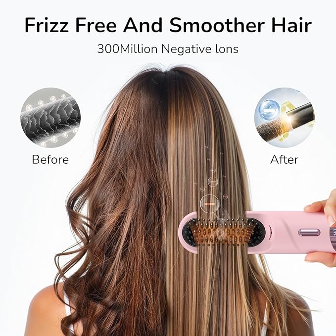 Go Brush Pro 2025 Hair Straightener Brush 300 Million Negative Ionic Portable Hair Straightener Comb for Women with 4 Temps Fast Heating MCH Ceramic Coating Smooth Frizz-Free Hair Pale Pink