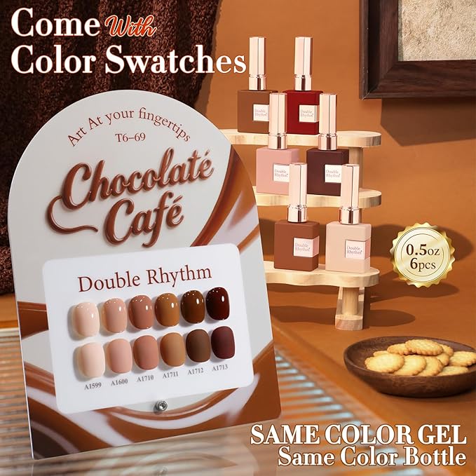 Double Rhythm 6 Pcs 15 ML Gel Polish Set Same Color Same Bottle Soak Off Gel Polish Kit Nail Art Manicure Salon DIY at Home for Women (Burgundy Cherry Brown Coffee -T6-69)