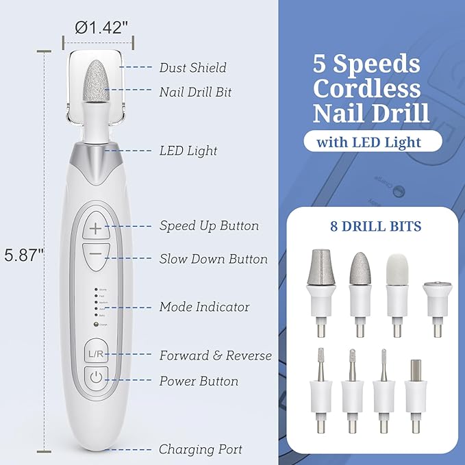 PELCAS Electric Nail File, 5 Speeds Manicure and Pedicure Kit, Cordless Nail Drill, Toenail Grinder for Thick Toenails with LED Light, Dremel Tool Kit for Human, Pet, Toenails, Natural & Acrylic Nails