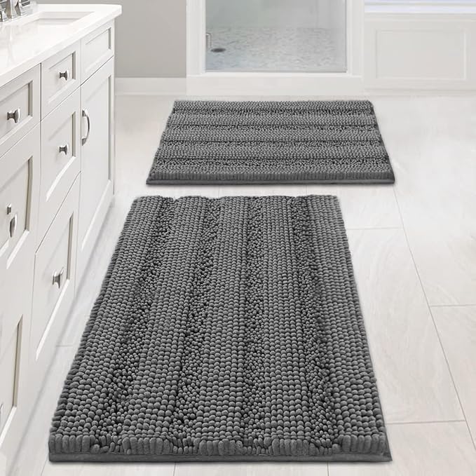 Non Slip Thick Shaggy Chenille Bathroom Rug Mat Set Extra Soft and Absorbent Striped Floor Rugs, 2 Piece, Machine-Washable