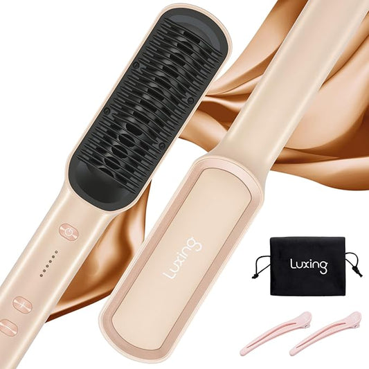Hair Straightener Brush, Luxing PuraLux Straightener Comb, Fast Heating Hair Straightening Comb, 5 Temp Settings & Anti-Scald with Ceramic Coating, Professional Styling Tools (Cream)