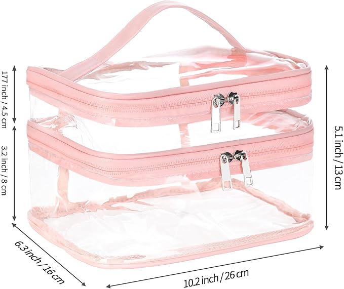 HAOGUAGUA Double Layer Clear Cosmetic Bag Makeup Bag, Waterproof Travel Toiletry Bag, Transparent PVC Pouch Organizer (Pink Large)