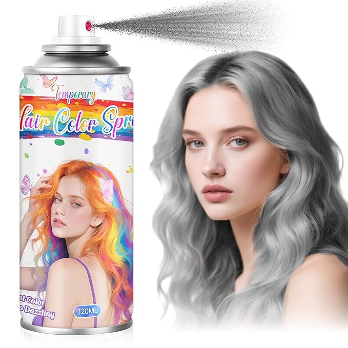 Grey Temporary Hair Color Spray for Kids & Women- Washable Root Touch Up Hair Dye, Non-Sticky Hair Wax for Christmas,Cosplay,Parties (120ML, Grey)