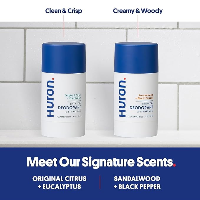 Huron Men’s Deodorant - Dermatologist & Clinically Tested 48 Hour Odor Protection - Aluminum Free Deodorant - 3.2 Oz - Sea Salt & Driftwood (Pack of 2)