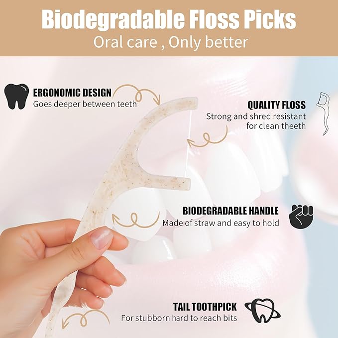 Biodegradable Dental Floss Picks 200 Count, Vegan Plant Based Handle,Eco Friendly Tooth Flossers Toothpick Soft Cleaning for Kids and Adult on Gums (200)