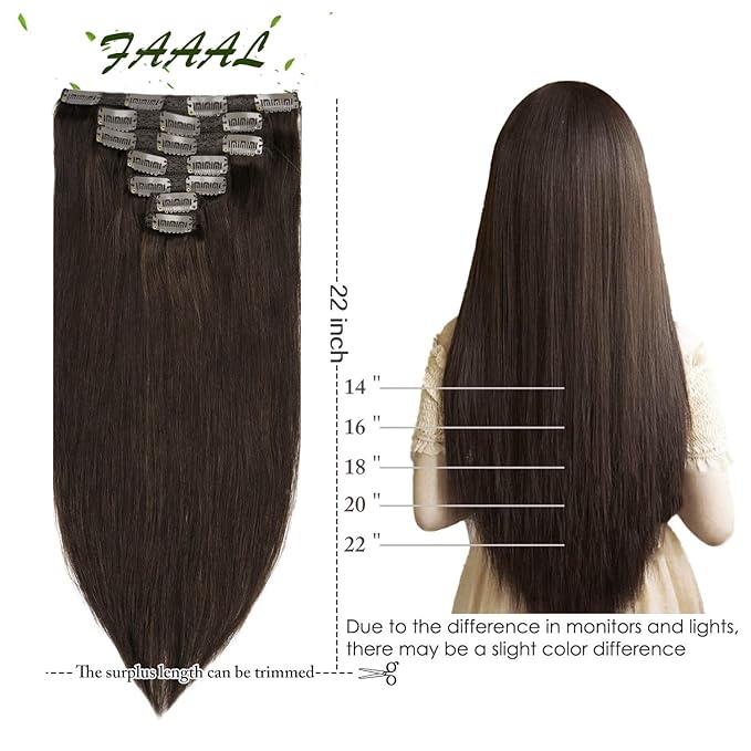 22" Clip in Human Hair Extensions Full Head 200g 10 Pieces 22 Clips 2# Dark Brown Double Weft Brazilian Real Remy Hair Extensions Thick Silky Straight (22" 200g, Dark Brown)