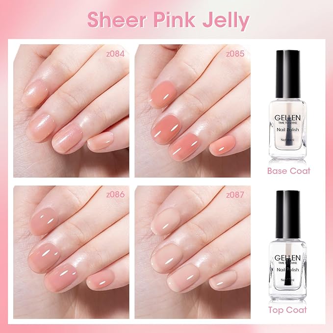 GELLEN Sheer Pink Nail Polish & Clear Base Top Coat Nail Polish, Light Pink Jelly Nails Polishes Summer Spring 6pcs Set, Quick Air Dry Non-Gel Traditional Regular Nails Polishes, Hema Free, Non-toxic