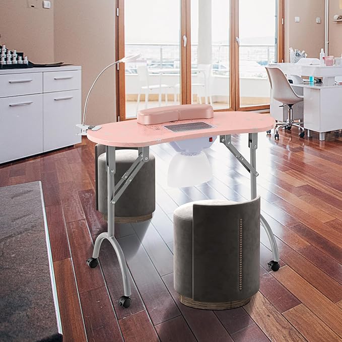 Giantex Nail Table for Nail Tech, Portable Manicure Table with Electric Dust Collector, USB-Plug LED Lamp, Wrist Rest, 4 Lockable Wheels, Foldable Nail Desk with Carry Bag (Pink)