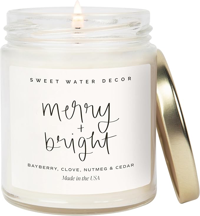 Sweet Water Decor Merry and Bright Candle - Bayberry, Fir, Nutmeg, and Clove Winter Holiday Scented Soy Candles for Home - 9oz Clear Jar, 40 Hour Burn Time, Made in The USA