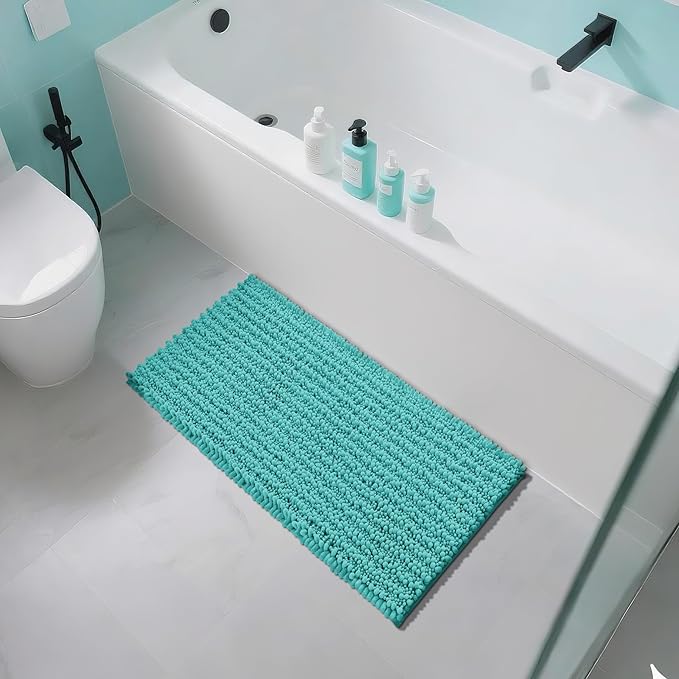 Yimobra Long Bathroom Rugs Non Slip Washable 44x24 Inch - Ultra Soft Absorbent Chenille Bath Mat, Quick Dry Shaggy Floor Carpet for Tub Shower, Lake Blue Home Decor Accessories