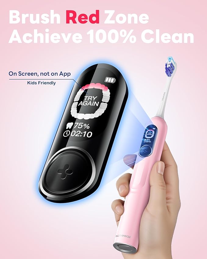 AI Smart Electric Toothbrush for Kids Adults with LED Screen | 150-Day Rechargeable Toothbrush, Real-Time Map |3-Min Timer, Travel Case | Teens Sonic Toothbrush Gift for Family Chirstams (G5S Pink)
