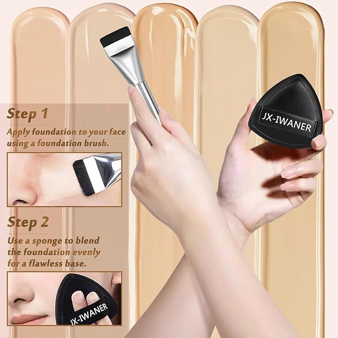 Flat Foundation Brush + Makeup Sponge, Korean Makeup Set Liquid Foundation Concealer Brush and Makeup Sponge for Blending, Cream, Premium Face Makeup