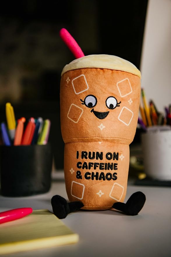 Punchkins Coffee Plushie - I Run On Caffeine & Chaos Punny Plush, Gift for Coffee Lovers, Food Plush Toy for Gifting