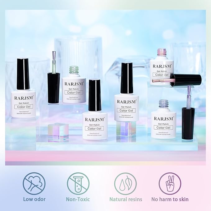 RARJSM Sparkle Diamond Pearl Cat Eye Gel Nail Polish Set 6pcs Velvet Silver Shimmer Pink Green Blue Purple White Glitter Mermaid Swirl Shell Thread Effect with Magnet Stick UV LED Curing Requires