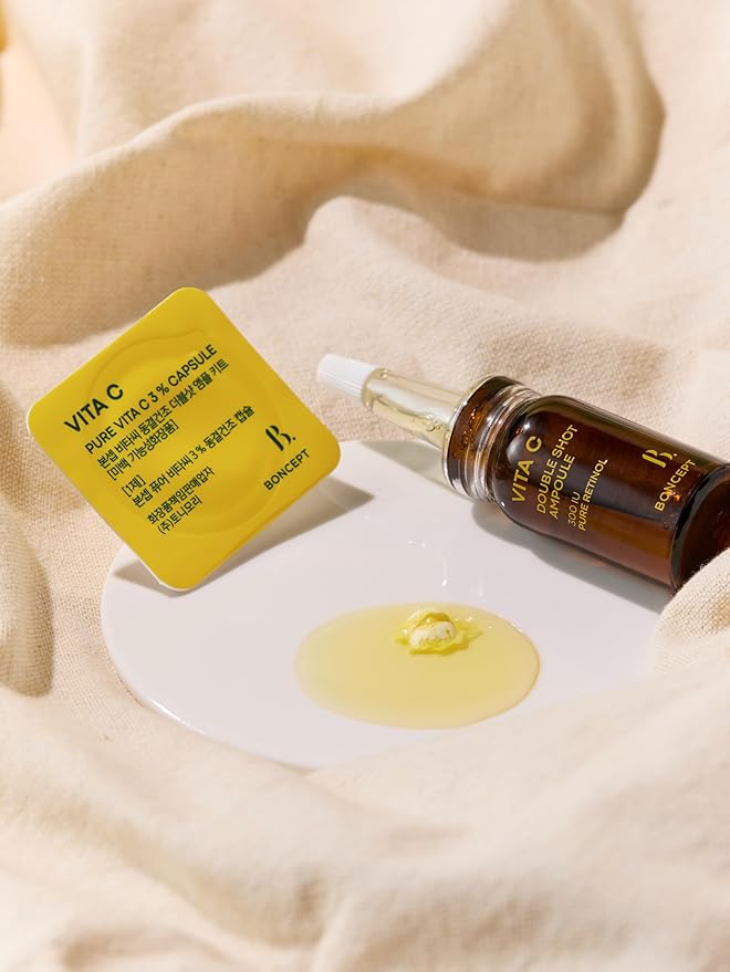 Vita C Capsule Double Shot Ampoule Kit-Korean Serum for Dark Spots Uneven Skin Tone, Pure Vita C 3% + Retinol 300 IU + Niacinamide, K-beauty, 10ml, 0.33 fl. oz.