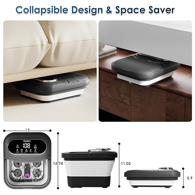 Collapsible Foot Spa Electric Rotary Massage, Foot Bath with Heat, Bubble,Temp Control, and 24 Motorized Shiatsu Massage Balls, Pedicure Foot Spa Tub for Stress Relief (Black)