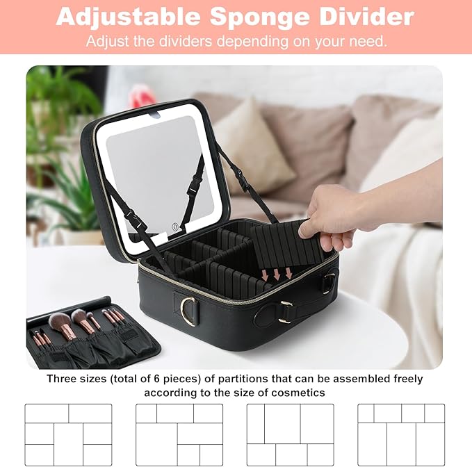 Mocado Travel Makeup Bag with LED Lighted Mirror,Travel Makeup Organizer, Makeup Case with 8 Makeup Brushes and 10x Magnifying Mirror, 3 Color Lighting, Adjustable Divider Makeup Box(Black Lozenge)