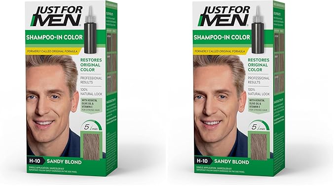 Just For Men Shampoo-In Color (Formerly Original Formula), Mens Hair Color with Keratin and Vitamin E for Stronger Hair - Sandy Blond, H-10, Pack of 2