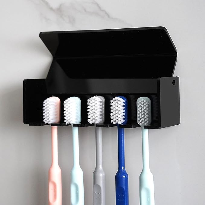 5 Slots Wall Mount Toothbrush Holder with Cover, Self Adhesive Toothbrush Storage Organizer for Shower, Toothbrush Hanger for Bathroom, Medicine Cabinet, Dorm (Black)