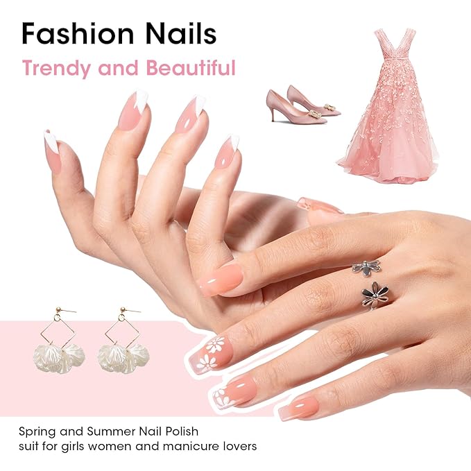 GELLEN Sheer Pink Nail Polish & Clear Base Top Coat Nail Polish, Light Pink Jelly Nails Polishes Summer Spring 6pcs Set, Quick Air Dry Non-Gel Traditional Regular Nails Polishes, Hema Free, Non-toxic