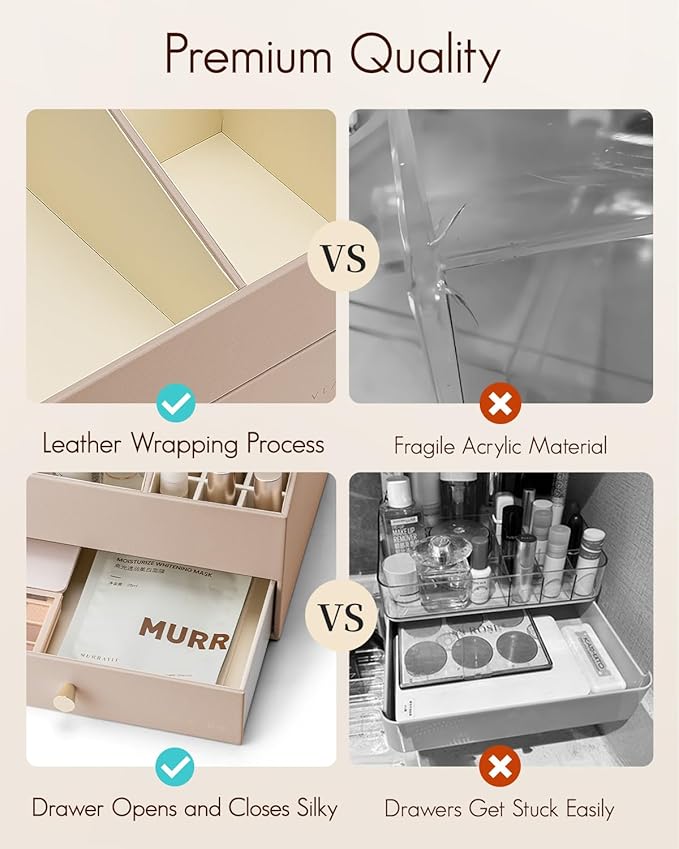 Vlando Makeup Organizer Countertop,Large Vanity Organizer PU Leather Make up Storage with 4 Drawers Skin care Organizer Cosmetic Display Case for Lipstick,Brushes,Bedroom-Toffee