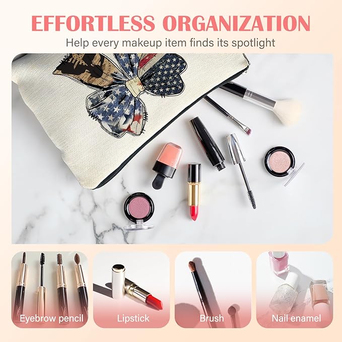 Retro American Flag Bow Makeup Bag for Women, Patriots Gifts for Women, Coquette Girly Patriotic Cosmetic Bag for Purse, American Flag Gifts Makeup Zipper Pouch