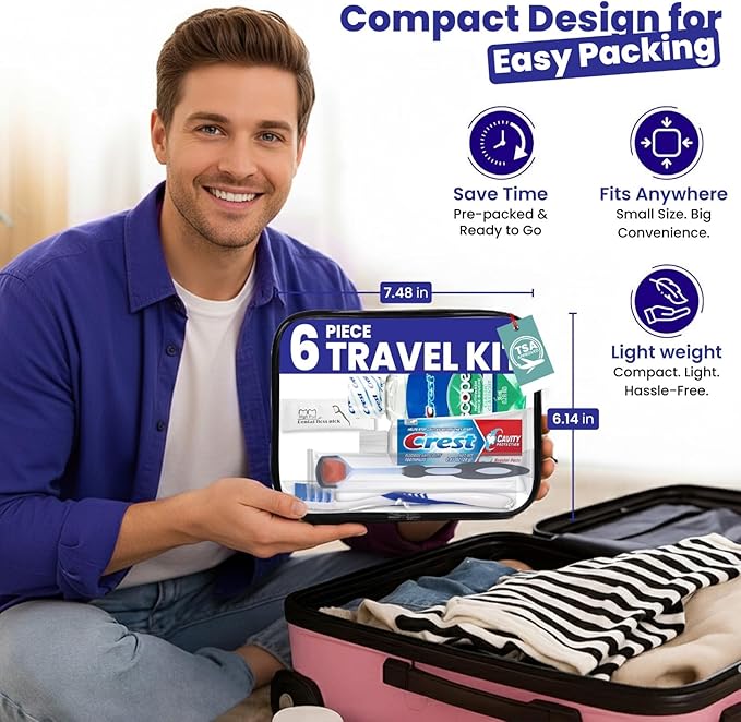 Trektote Travel Toothbrush and Toothpaste Set - (5 Pack) 6 Piece Dental Care Kit, TSA Compliant, Includes Toothpaste, Toothbrush, Mouthwash, Flosses and Premium Toiletry Bag