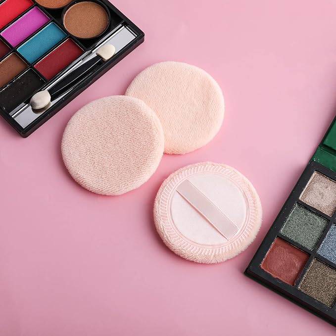 Sibba Loose Powder Puff 12 Pieces Round Velour Face Makeup Compact Body Container Setting Pressed Blending Foundation Cream Make Up Ribbon Strap Sponge Cushion Applicator (Skin Color)