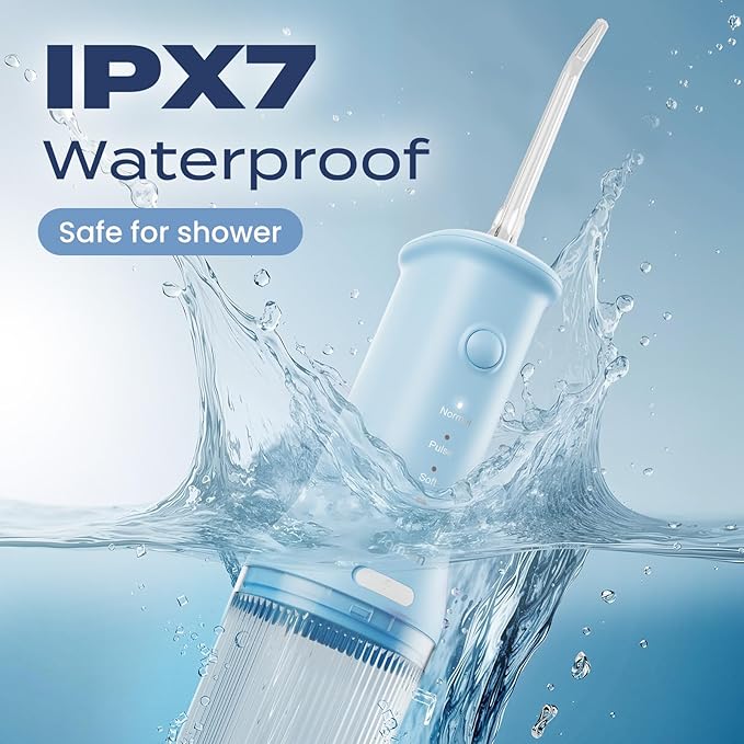 7AM2M Portable Cordless Water Flosser, Oral Irrigator with 3 Modes & 2 Tips, Fast Rechargeable, IPX7 Waterproof, Dental Water Flosser for Travel and Home Use (Light Blue)