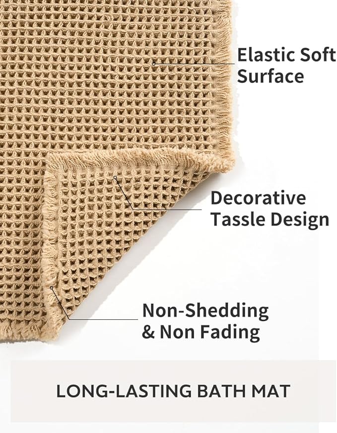 tchdio Waffle Bath Mat Rug, Super Absorbent Non Slip Bath Mats for Bathroom Mat Ultra Soft Bathmat Machine Washable Bathroom Rugs with Tassels, Bath Rugs Beside Tub, 18" x 30"