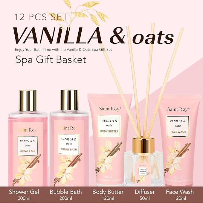 Bath and Body Gift Baskets for Women, 12 Pcs Vanilla Oat Spa Gifts for Women. Bath Gift Set Enriched Shea Butter. Home Spa with Shower Gel, Body Oil, Saint Roy Gifts for Mom