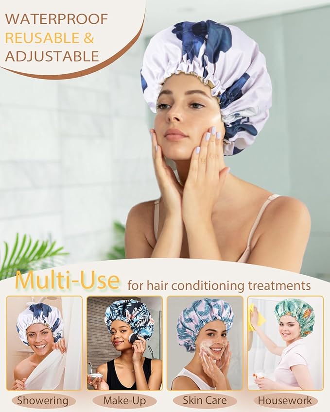 Shower Caps for Women Waterproof Reusable… (Blue Flower)