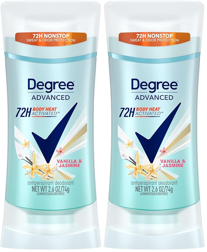 Degree Advanced Protection Antiperspirant Deodorant Vanilla & Jasmine for 72-Hour Sweat & Odor Control for Women, with Body Heat Activated Technology, 2.6 oz (Pack of 2)